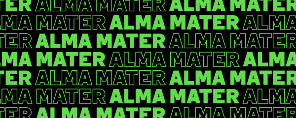 We see the word alma matter written multiple times filling the entire area in neon green all capps, sometimes letters are filled sometimes only the outline one hte words in neon green creating a pattern on neon green stripes