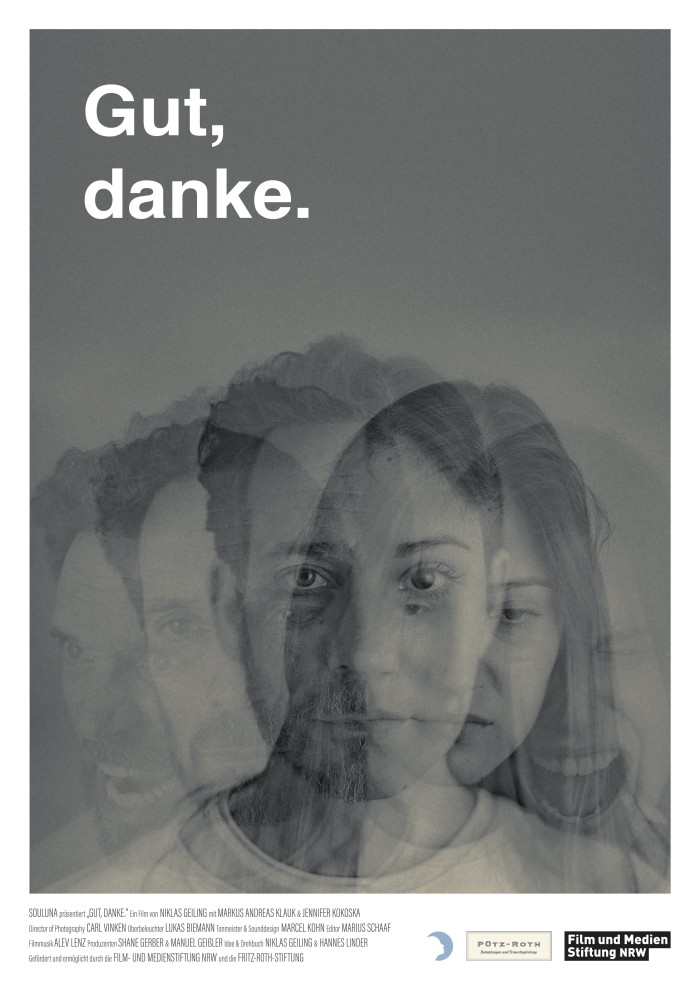 We see the movie poster for the short film ‘Gut, danke.’ This title we also see in white letters top left. The poster itself is grey and we see two faces melting into one in the middle. A man to the left; we see two photos of the father in the movie going through the emotions from rage to depression to probably acceptance , melted in with his daughter face displaying the same expressions from right to Center