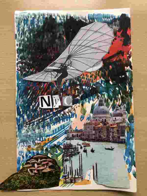We see a watercolor image of many colorful brush strokes, mainly blues, greens and red with added cut outs of a fiel of mushrooms to the bottom left, venice bottom right and on top a black and white image of an Ornithopter. in the middle we see the cut out letters N Y C