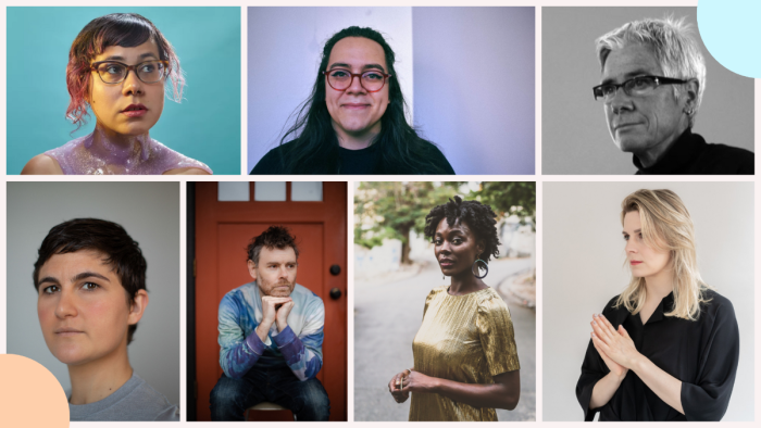 We see 7 rectangles , portraits of composers, stacked on top of each other, three above showing Angélica Negrón, inti figgis-vizueta and Rose Bond, four below showing Leilehua Lanzilotti, Gabriel Kahane, Nathalie Joachim and Alev Lenz.
