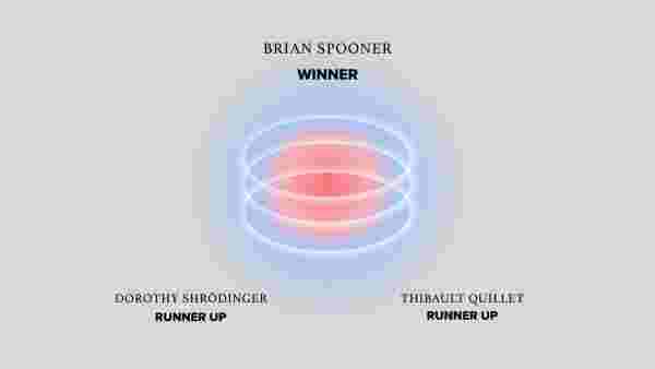 On a blue background a graphic of 3 overlapping opaque circles sits in the centre. In the middle of the circles the background changes to red - like a flame. Above the graphic is black text reads: ‘Brian Spooner, Winner’ . Below the graphic also in black reads: ‘Dorothy Shrödinger, runner up’ (to the left) Thibault Quillet, runner up’ (to the right)
