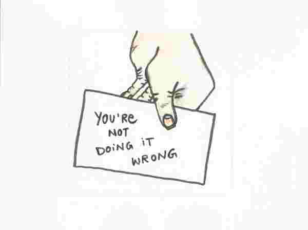 A handdrawn image of a hand holding a business cards marked with the words 
