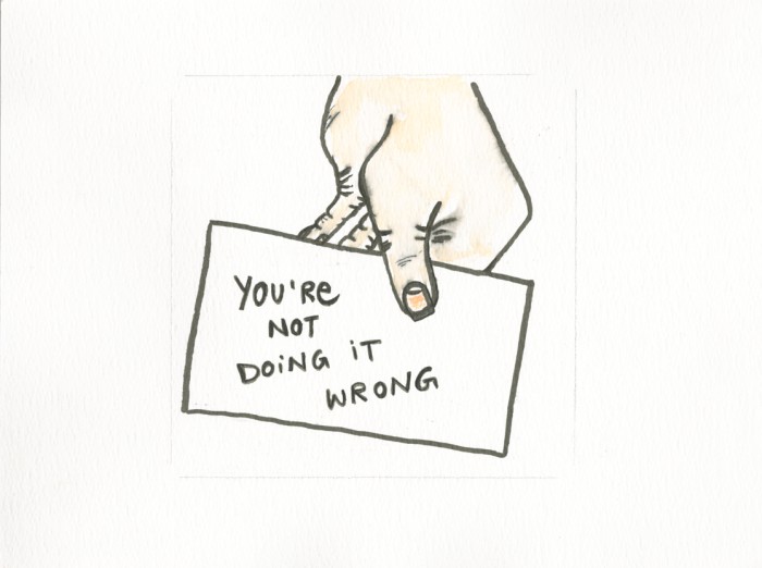 A handdrawn image of a hand holding a business cards marked with the words