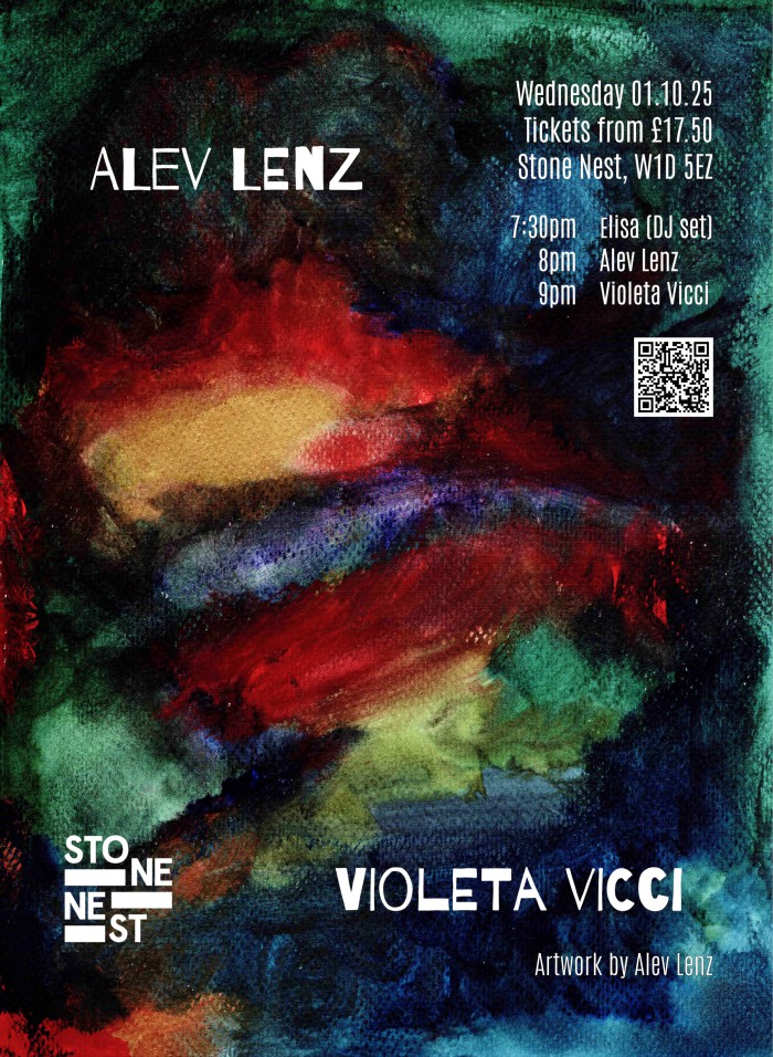 The image shows a dark green, red and gold and blue abstract watercolor painting by Alev Lenz. It looks like swirling storm clouds of color, forming the background for a concert annoucement flyer with date, place and venue. Alev Lenz + Violeta Vicci, October 1st at Stone Nest eith dj elisa. Doors 7pm , set time 8pm and 9pm respectively