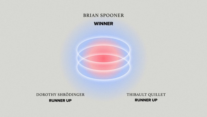 On a blue background a graphic of 3 overlapping opaque circles sits in the centre. In the middle of the circles the background changes to red - like a flame. Above the graphic is black text reads: ‘Brian Spooner, Winner’ . Below the graphic also in black reads: ‘Dorothy Shrödinger, runner up’ (to the left) Thibault Quillet, runner up’ (to the right)